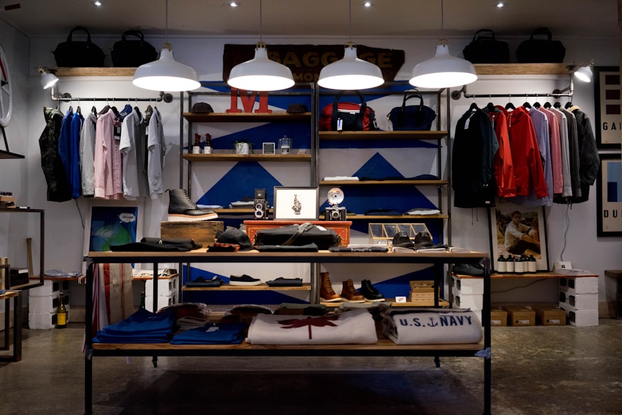Local custom printing serving Delaware County and the Main Line Inside an apparel and printing shop with shelves of branded clothing